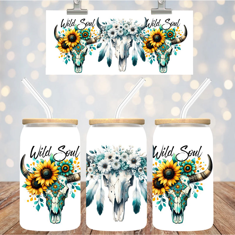 16 oz Uv Dtf Cup Wrap Wild Soul Cow Skull 1042