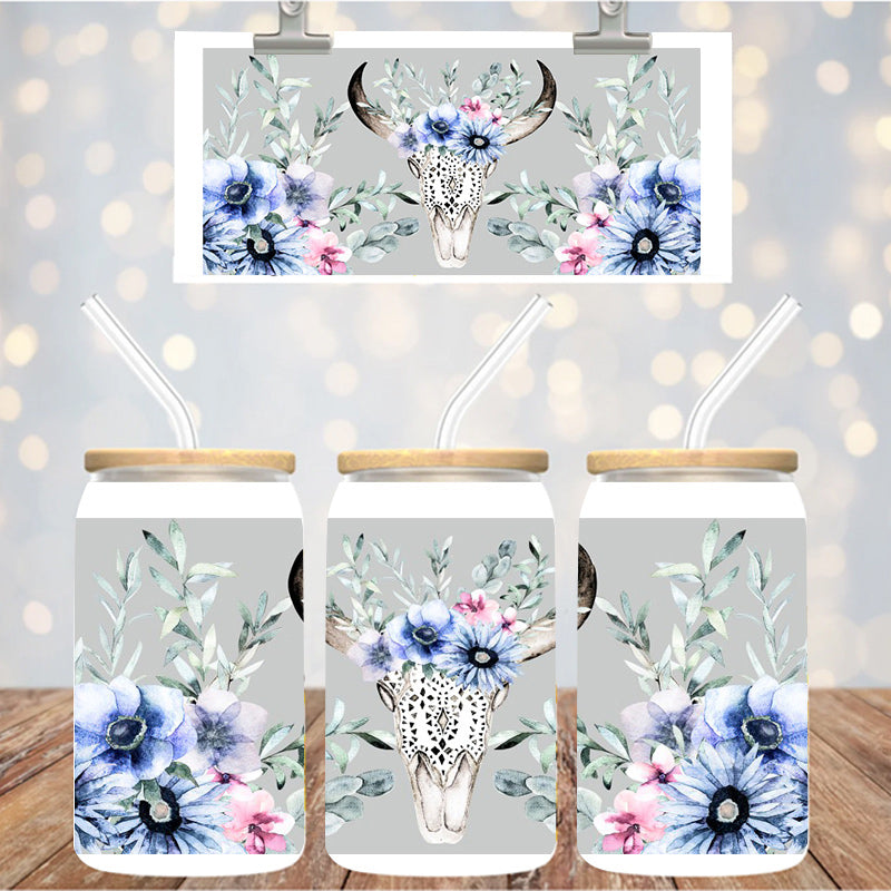 16 oz Uv Dtf Cup Wrap western Skull Floral 1094