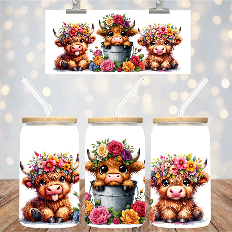 16 oz Uv Dtf Cup Wrap Highland Cows Bucket Floral 1056