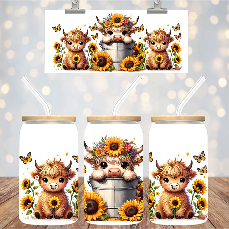 16 oz Uv Dtf Cup Wrap Highland Cows Bucket Sunflowers 1057