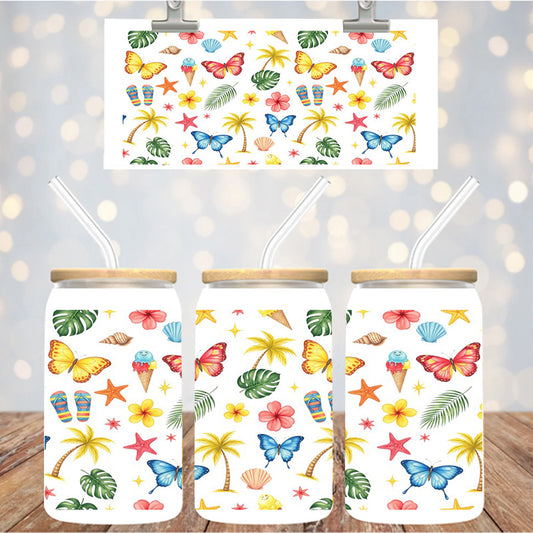 16 oz Uv Dtf Cup Wrap Palm Trees Butterflies Flipflops 1096
