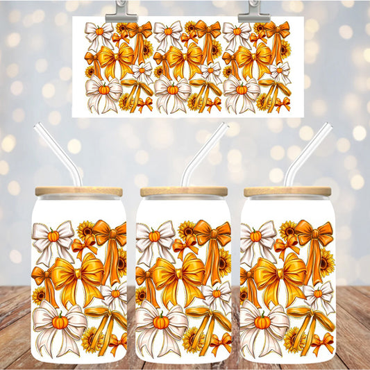 16 oz Uv Dtf Cup Wrap Fall bows sunflowers pumpkins 1060
