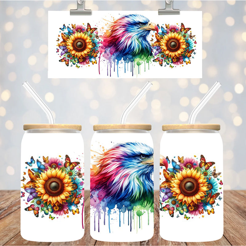 16 oz Uv Dtf Cup Wrap Color Drip Eagle Sunflowers 1064