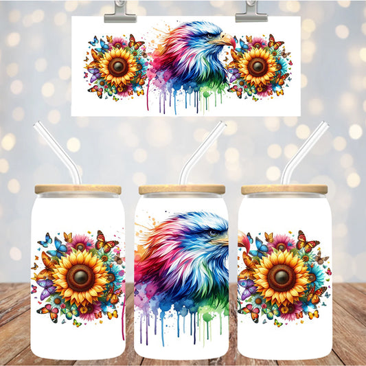 16 oz Uv Dtf Cup Wrap Color Drip Eagle Sunflowers 1064