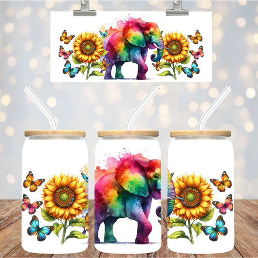 16 oz Uv Dtf Cup Wrap Colorful Elephant Sunflowers 1059