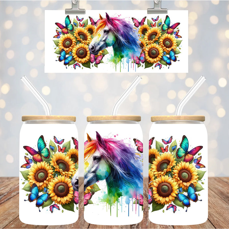 16 oz Uv Dtf Cup Wrap Color Drip Horse Sunflowers 1063