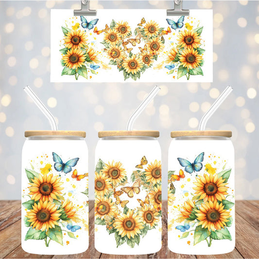 16 oz Uv Dtf Cup Wrap Sunflower Heart Butterflies 1112
