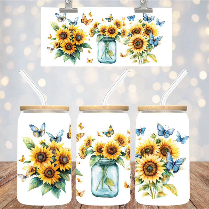 16 oz Uv Dtf Cup Wrap sunflowers in Jar Butterflies 1108