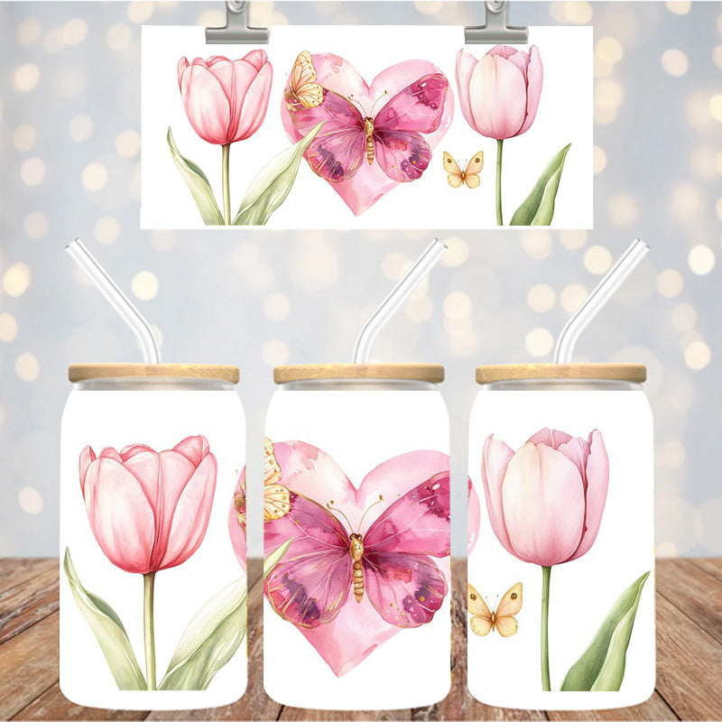 16 oz Uv Dtf Cup Wrap Tulips and Butterflies 1116
