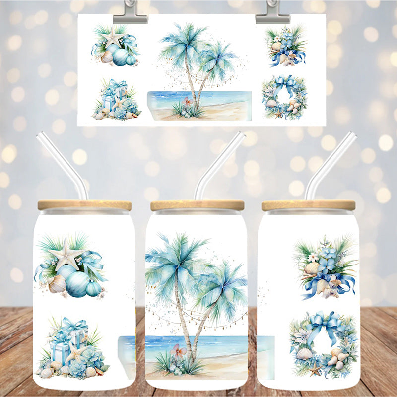 16 oz Uv Dtf Cup Wrap Blue Christmas Palm Trees 1130