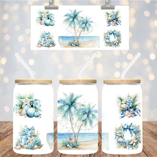 16 oz Uv Dtf Cup Wrap Blue Christmas Palm Trees 1130