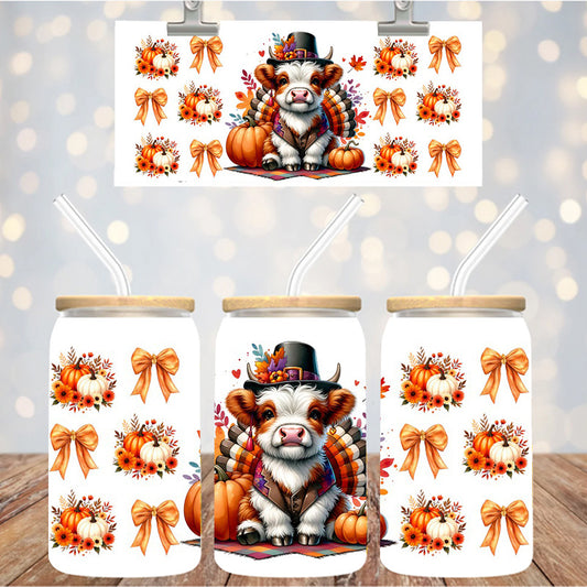 16 oz Uv Dtf Cup Wrap Cow Turkey Pumpkins Bows 1131