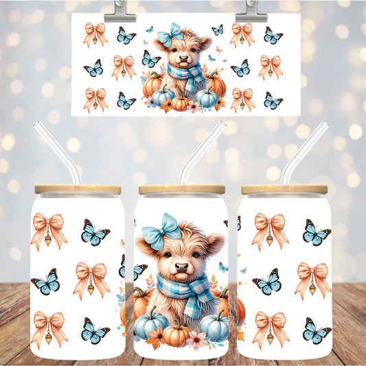16 oz Uv Dtf Cup Wrap Highland Cow Butterflies Fall 1106