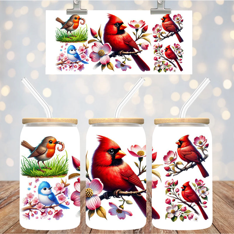 16 oz Uv Dtf Cup Wrap Cardinal Floral Birds 1007