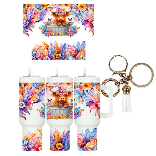 UVDTF Mini Tumbler Cute Cow In Bucket Feathers 4146