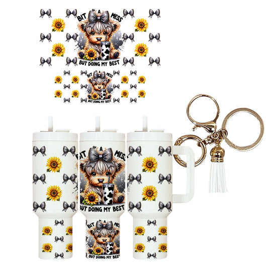 UVDTF Mini Tumbler Wrap Bit of A Mess Cute Cow 4079