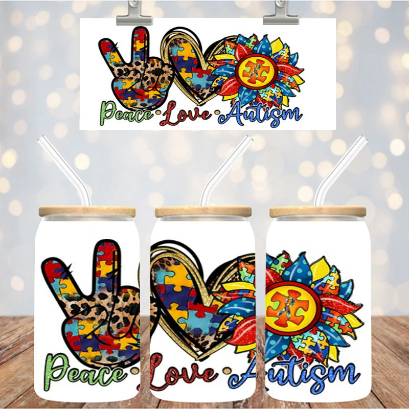 16 oz Uv Dtf Cup Wrap Peace Love Autism 1137