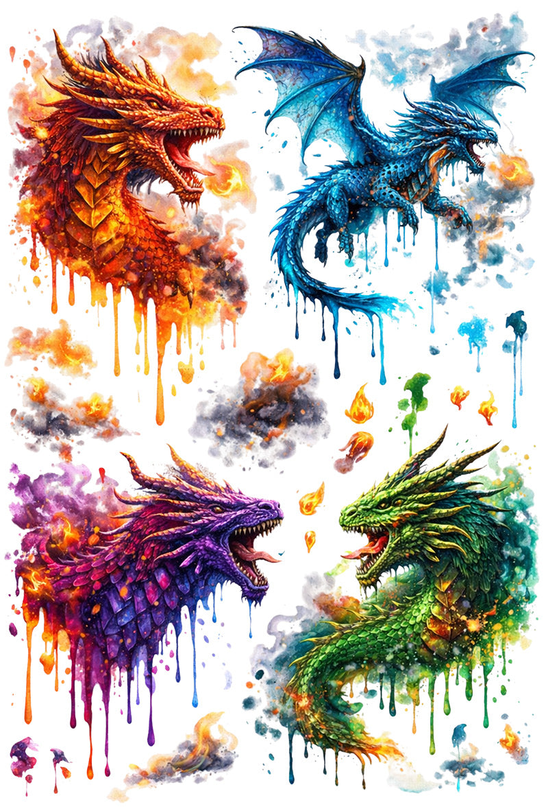 UVDTF 9.5 x 14 Element Sheet Colorful Watercolor Dragons 1020