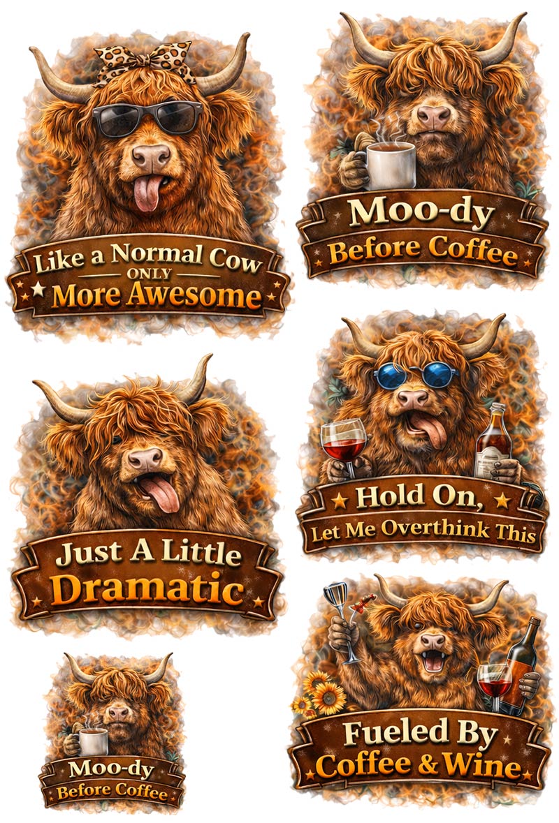 UVDTF 9.5 x 14 Element Sheet Highland Cow Humor 934