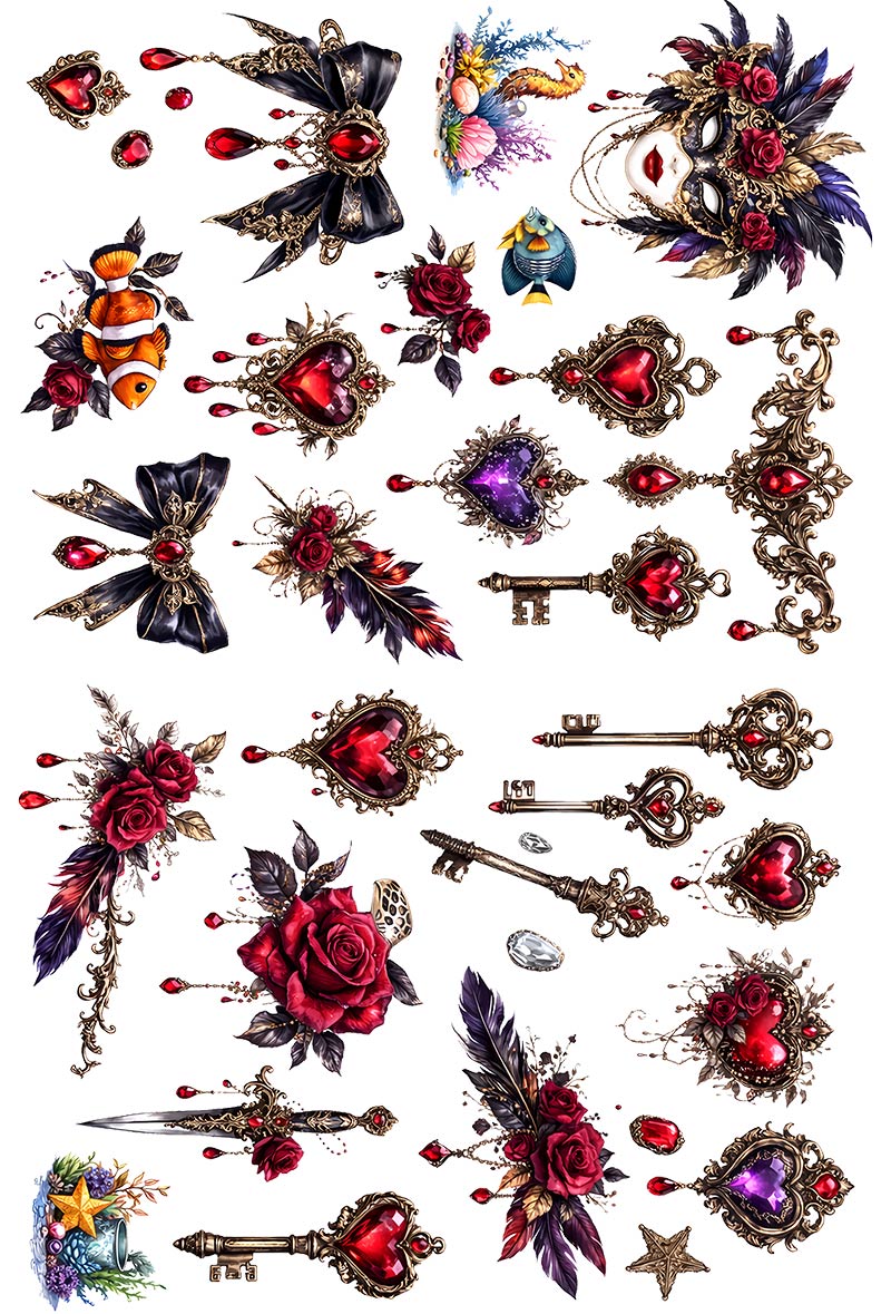 UVDTF 9.5 x 14 Element Sheet Masquerade Roses & Jewels 996