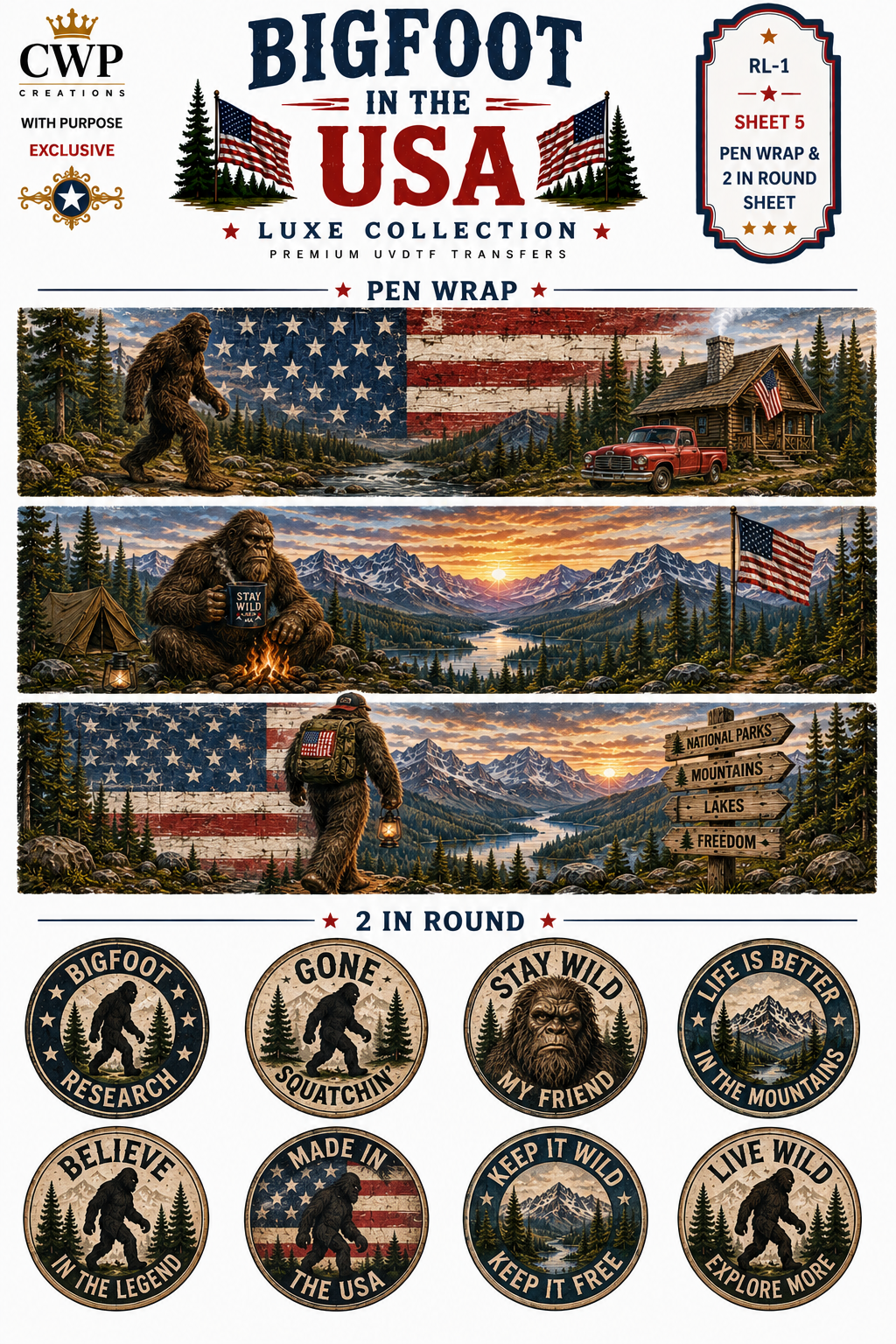 Bigfoot in the USA UVDTF Element Sheet Collection | Sasquatch, Mountains & Patriotic| 9 x 14