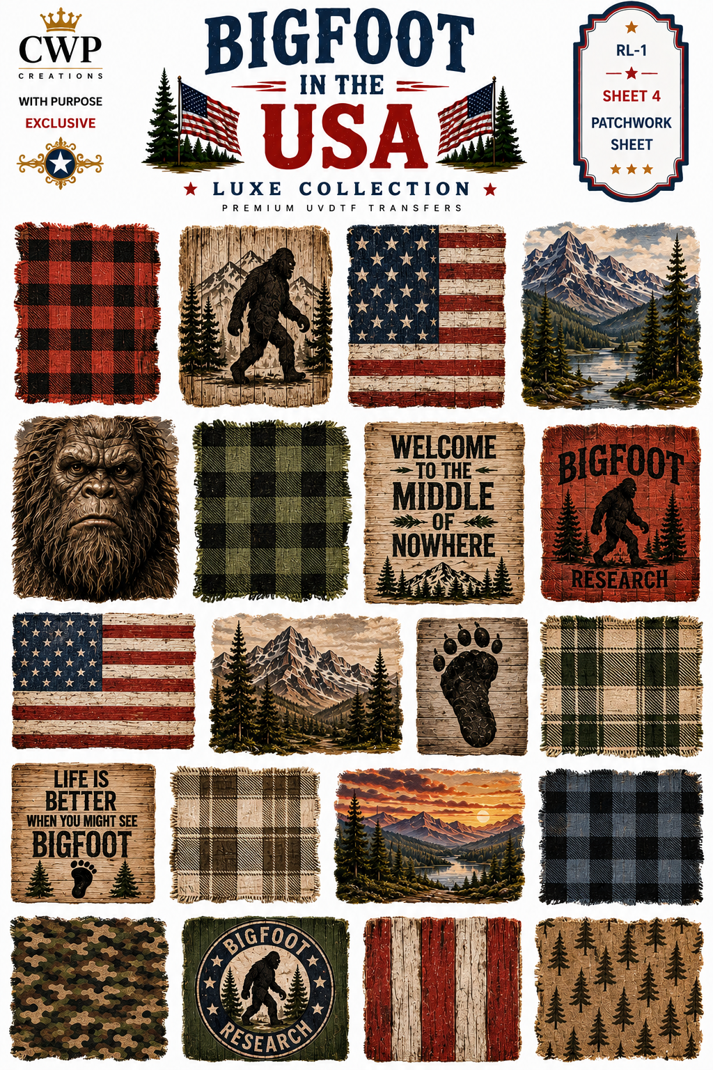 Bigfoot in the USA UVDTF Element Sheet Collection | Sasquatch, Mountains & Patriotic| 9 x 14