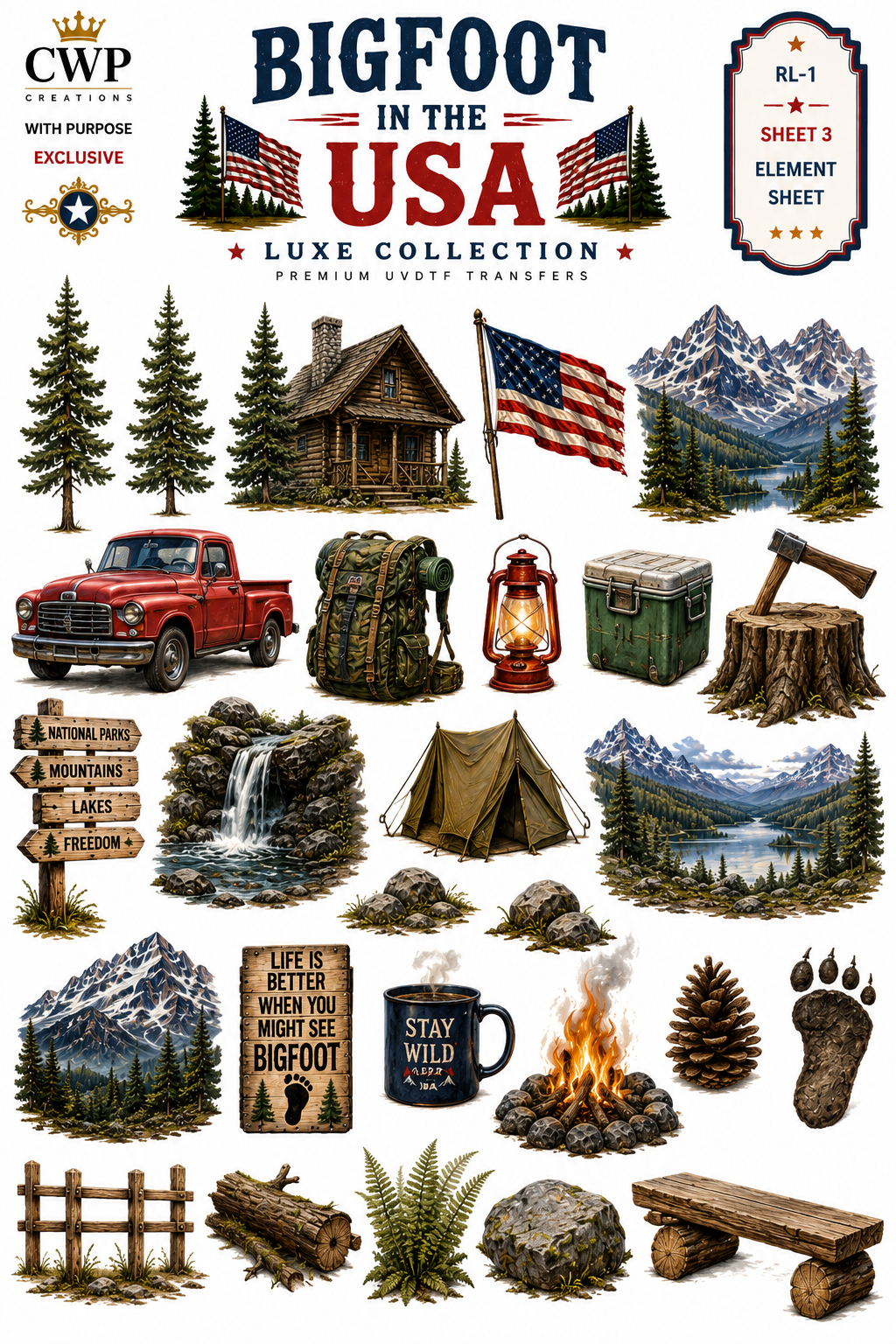 Bigfoot in the USA UVDTF Element Sheet Collection | Sasquatch, Mountains & Patriotic| 9 x 14