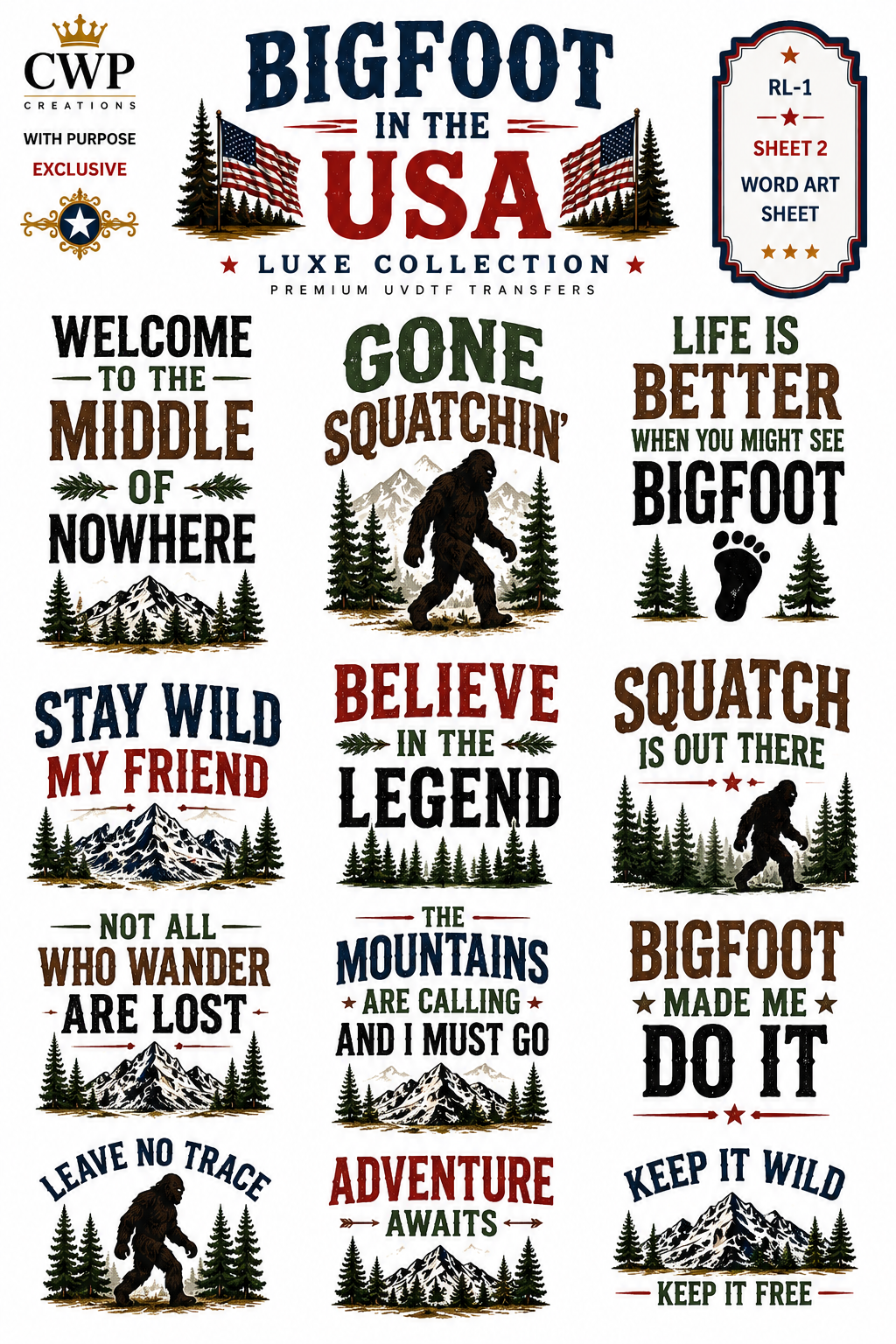 Bigfoot in the USA UVDTF Element Sheet Collection | Sasquatch, Mountains & Patriotic| 9 x 14