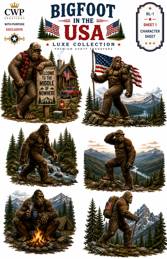 Bigfoot in the USA UVDTF Element Sheet Collection | Sasquatch, Mountains & Patriotic| 9 x 14
