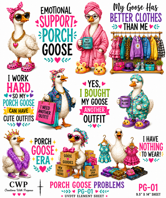 Porch Goose UVDTF Element Sheets | Funny Goose Craft Designs| 9 x 14 | 875