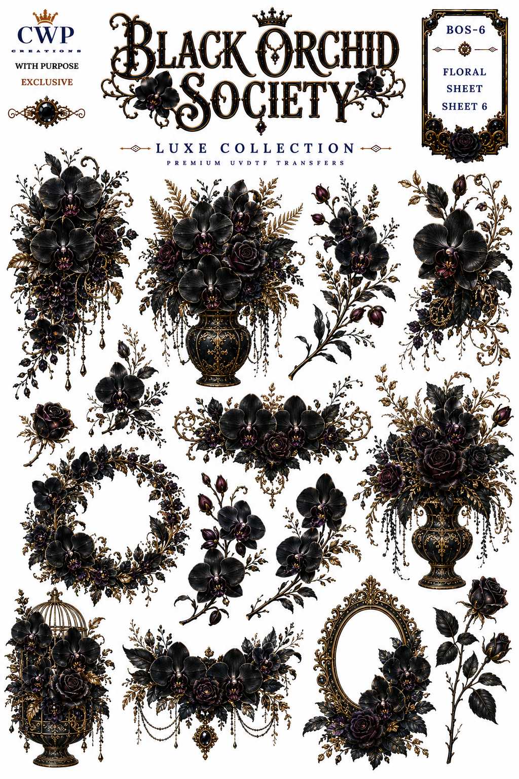 Black Orchid Society | Gothic Floral UVDTF Collection | 9 x 14