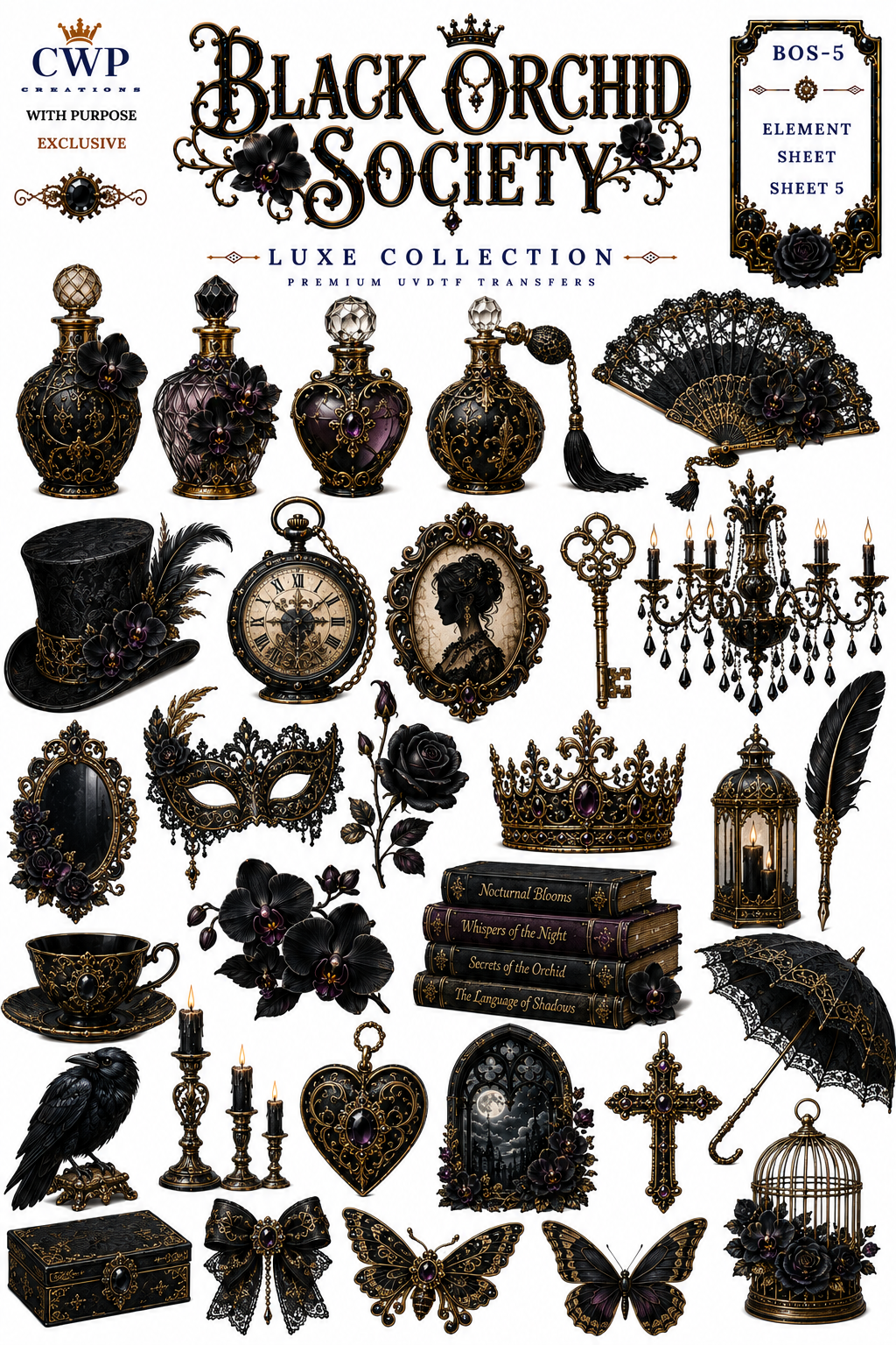 Black Orchid Society | Gothic Floral UVDTF Collection | 9 x 14