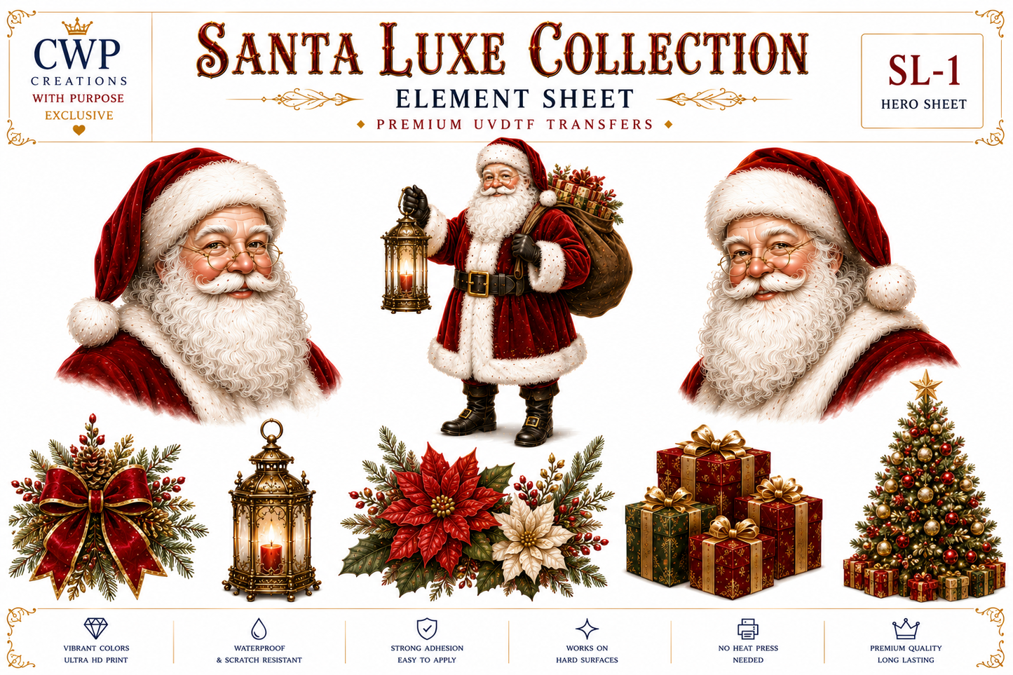 Santa Luxe Collection | Premium Christmas UVDTF Element Sheets | 9.5 x 14| 5 to Choose from