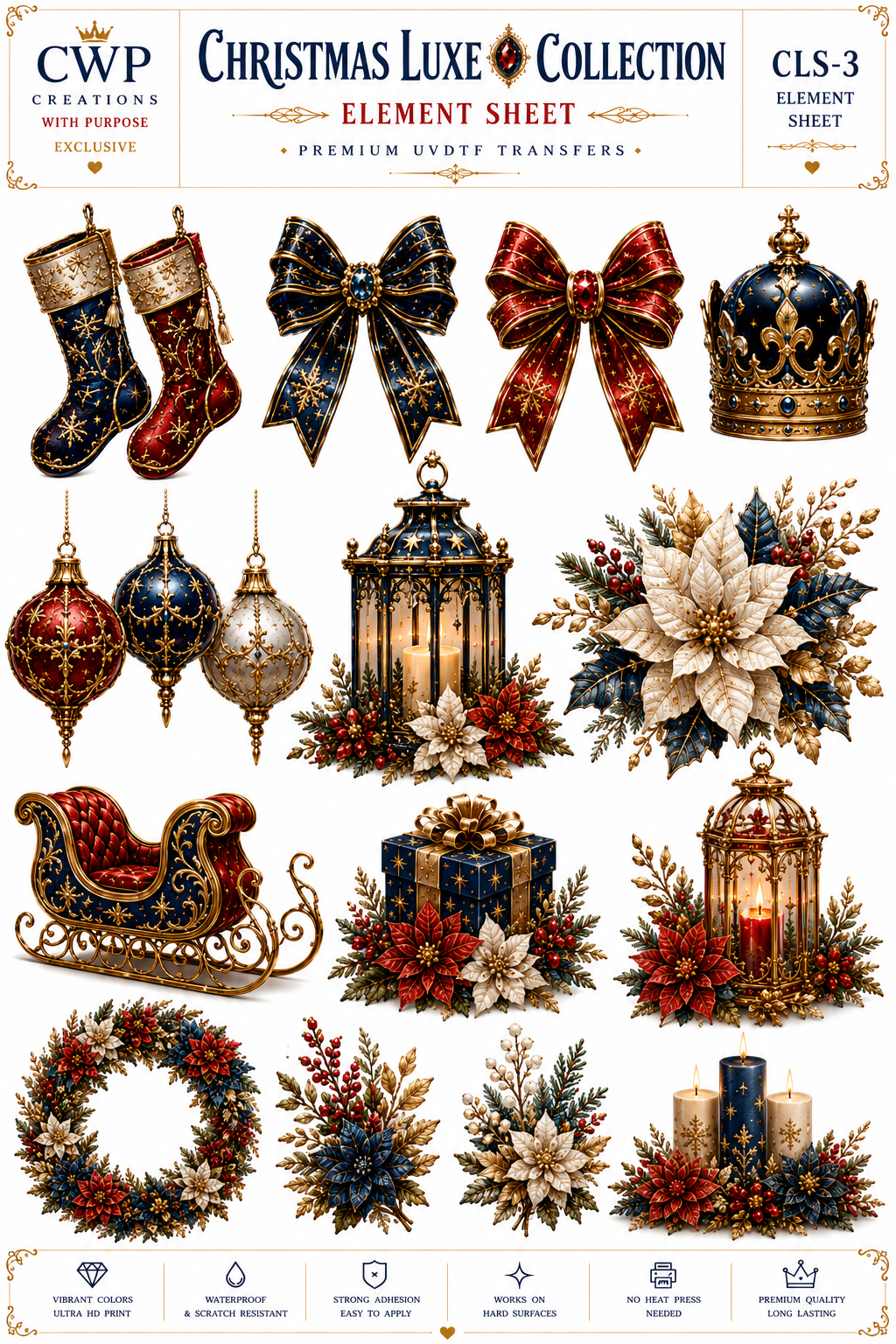 Christmas Luxe Collection | Elegant Christmas UVDTF Element Sheets | 9.5 x 14