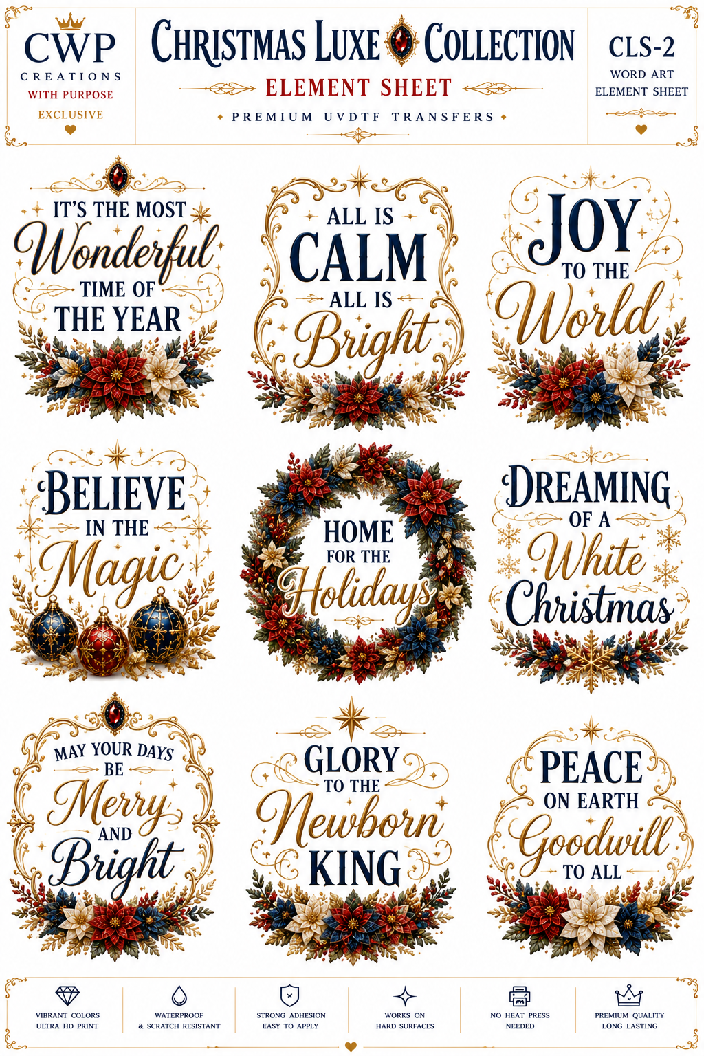 Christmas Luxe Collection | Elegant Christmas UVDTF Element Sheets | 9.5 x 14