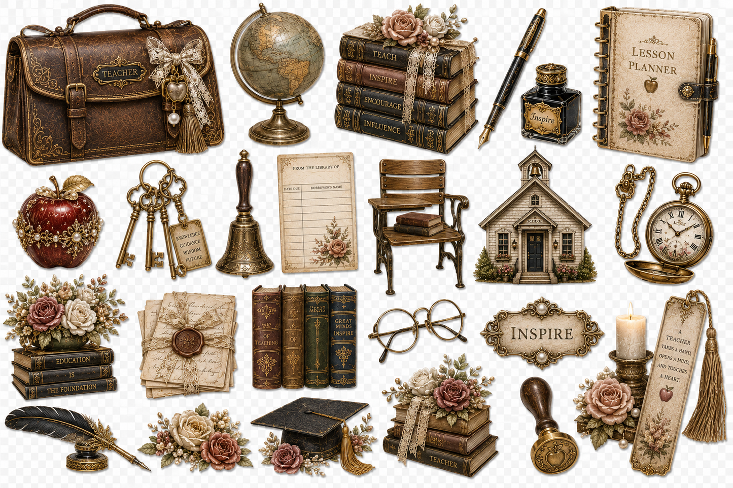 The Teacher’s Society Luxe UVDTF Element Sheet Collection | 4 Vintage Teacher Designs