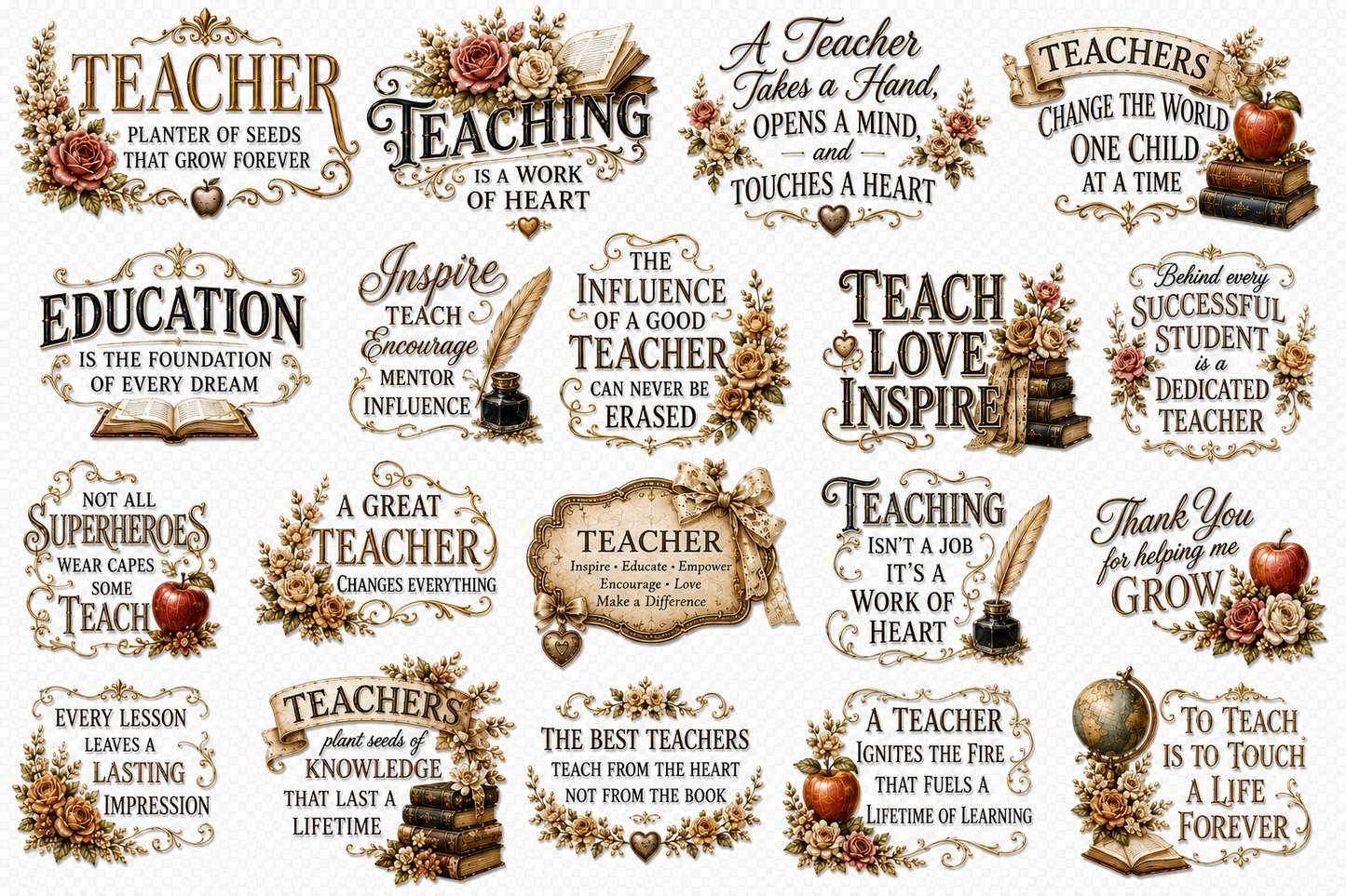 The Teacher’s Society Luxe UVDTF Element Sheet Collection | 4 Vintage Teacher Designs