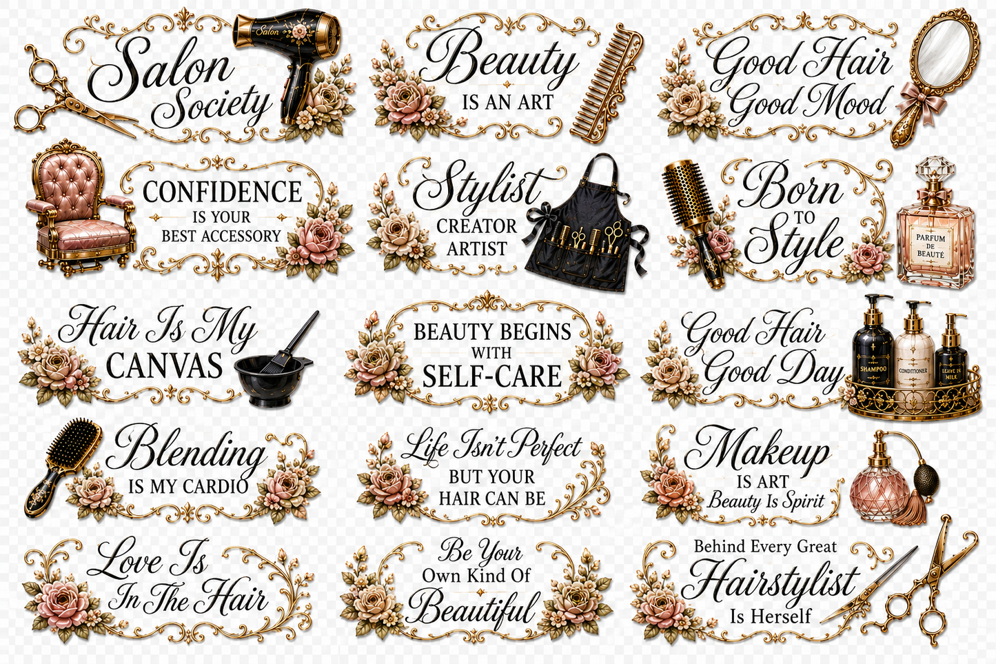 Salon Society Luxe UVDTF Element Sheet Collection | 4 Hair Stylist & Beauty Designs