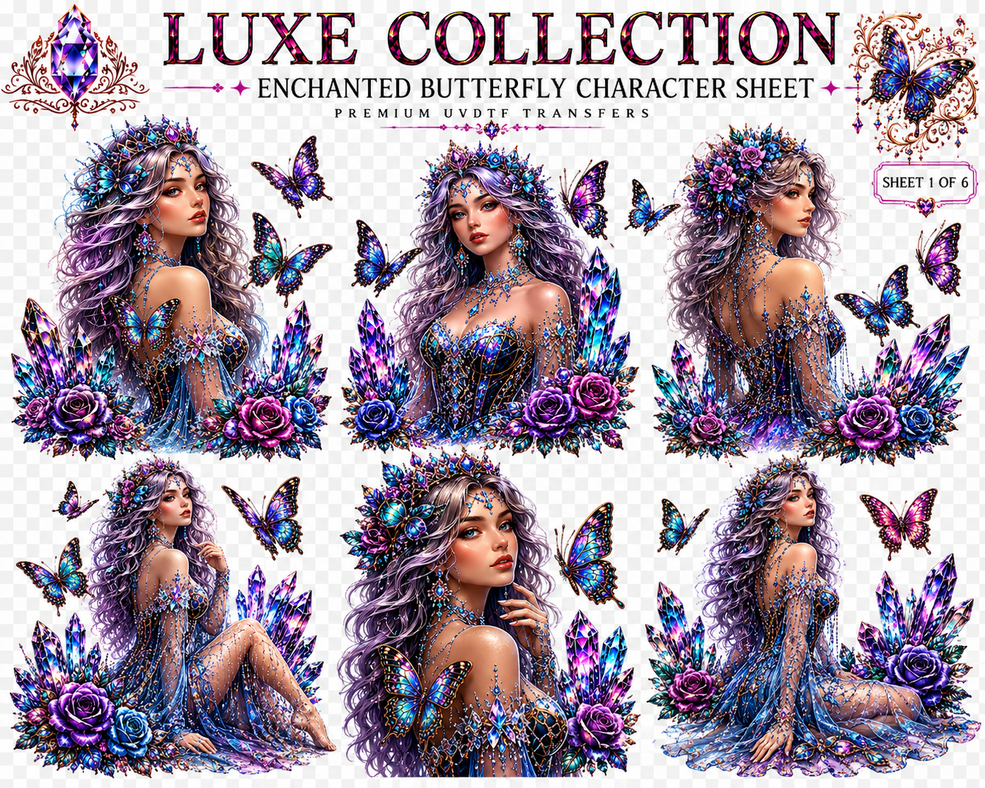 Enchanted Butterfly Luxe UVDTF Element Sheet Collection | 6 Fantasy Butterfly & Crystal Designs