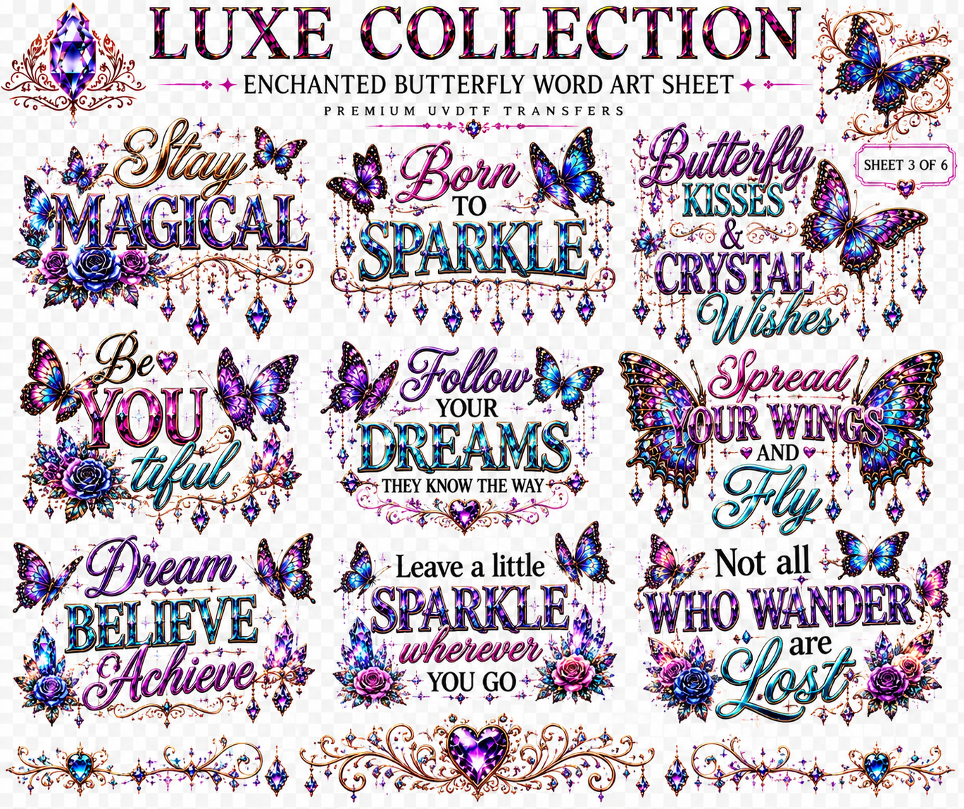 Enchanted Butterfly Luxe UVDTF Element Sheet Collection | 6 Fantasy Butterfly & Crystal Designs