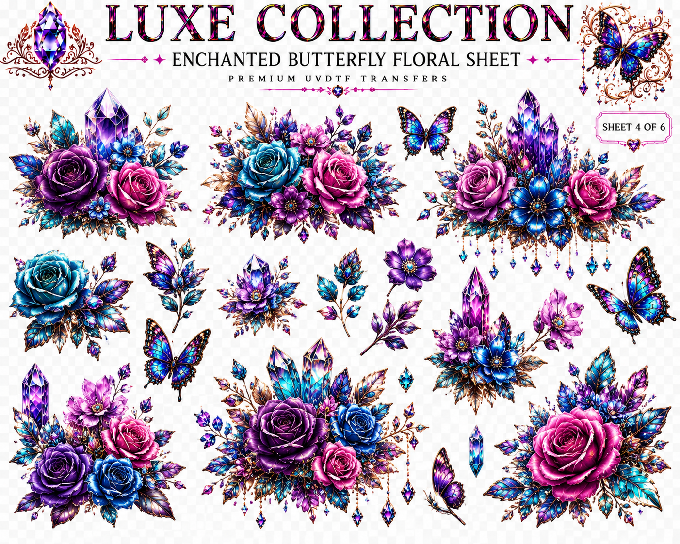 Enchanted Butterfly Luxe UVDTF Element Sheet Collection | 6 Fantasy Butterfly & Crystal Designs
