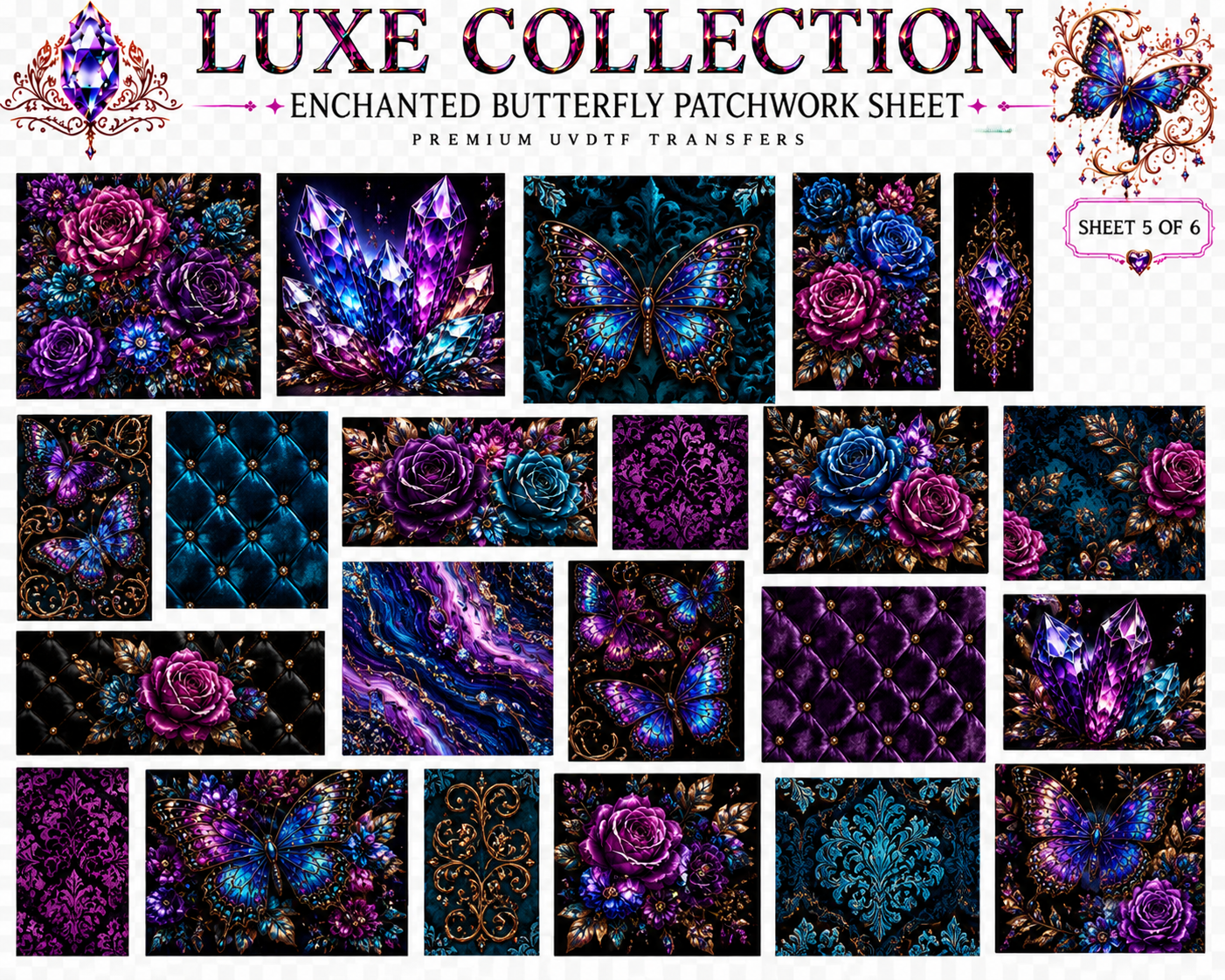 Enchanted Butterfly Luxe UVDTF Element Sheet Collection | 6 Fantasy Butterfly & Crystal Designs