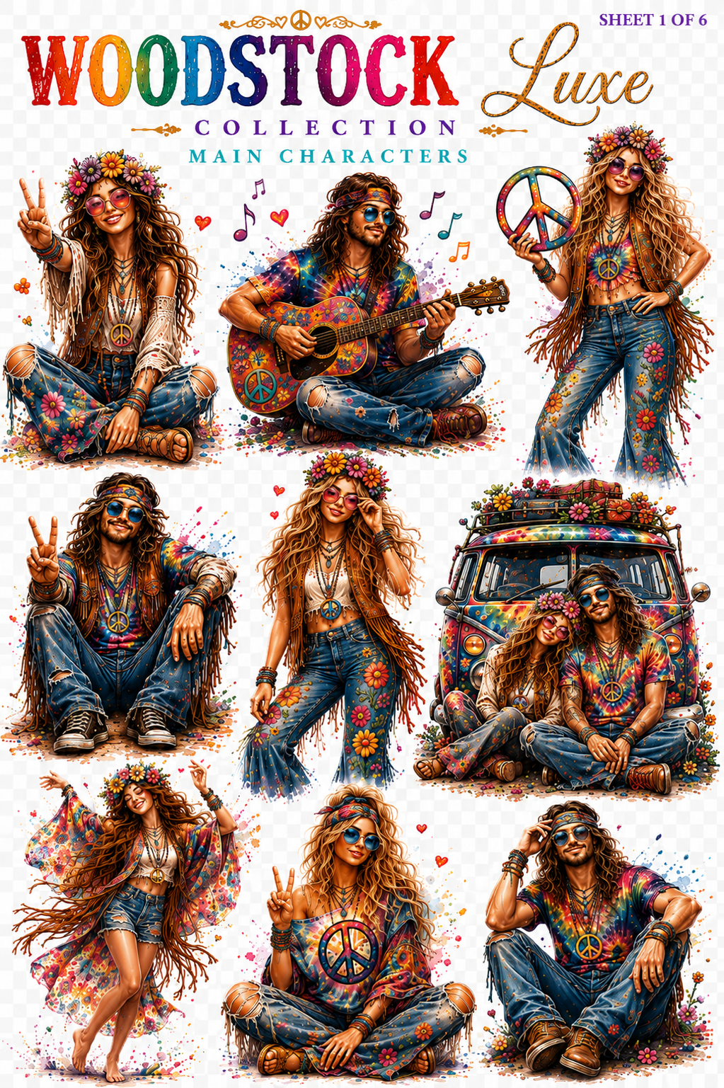 Woodstock Luxe UVDTF Element Sheets | Hippie Peace Love Tie Dye Collection 888