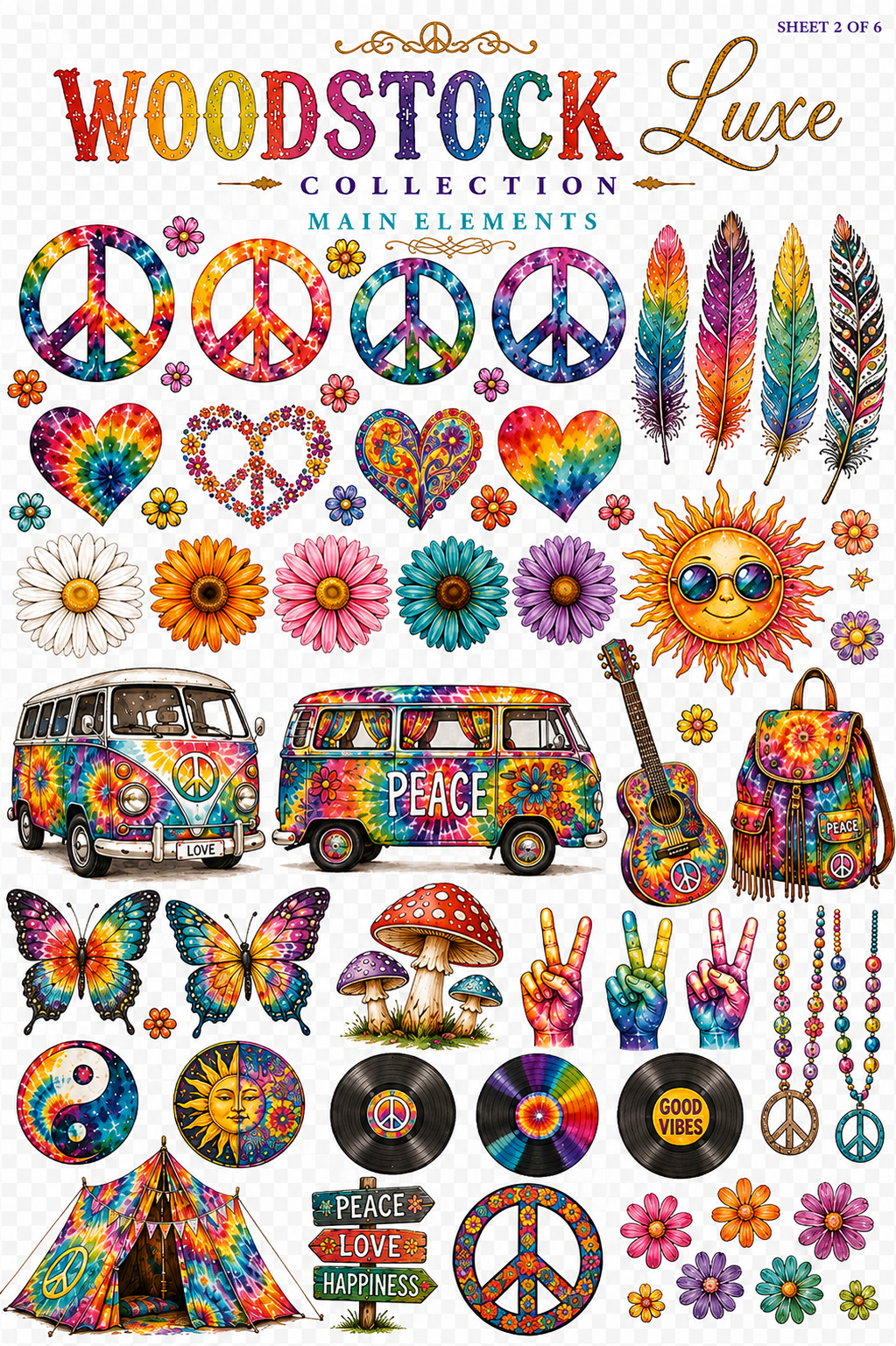 Woodstock Luxe UVDTF Element Sheets | Hippie Peace Love Tie Dye Collection 888