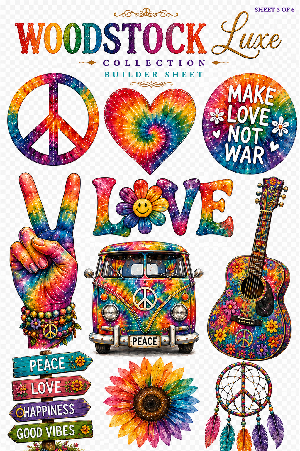 Woodstock Luxe UVDTF Element Sheets | Hippie Peace Love Tie Dye Collection 888