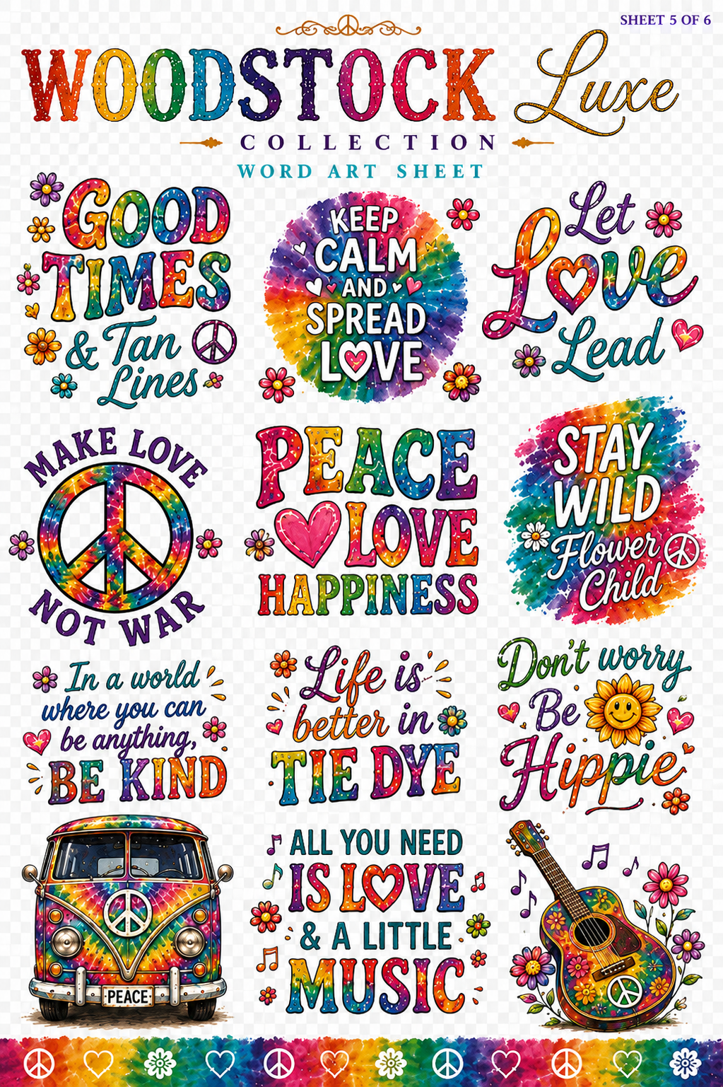 Woodstock Luxe UVDTF Element Sheets | Hippie Peace Love Tie Dye Collection 888