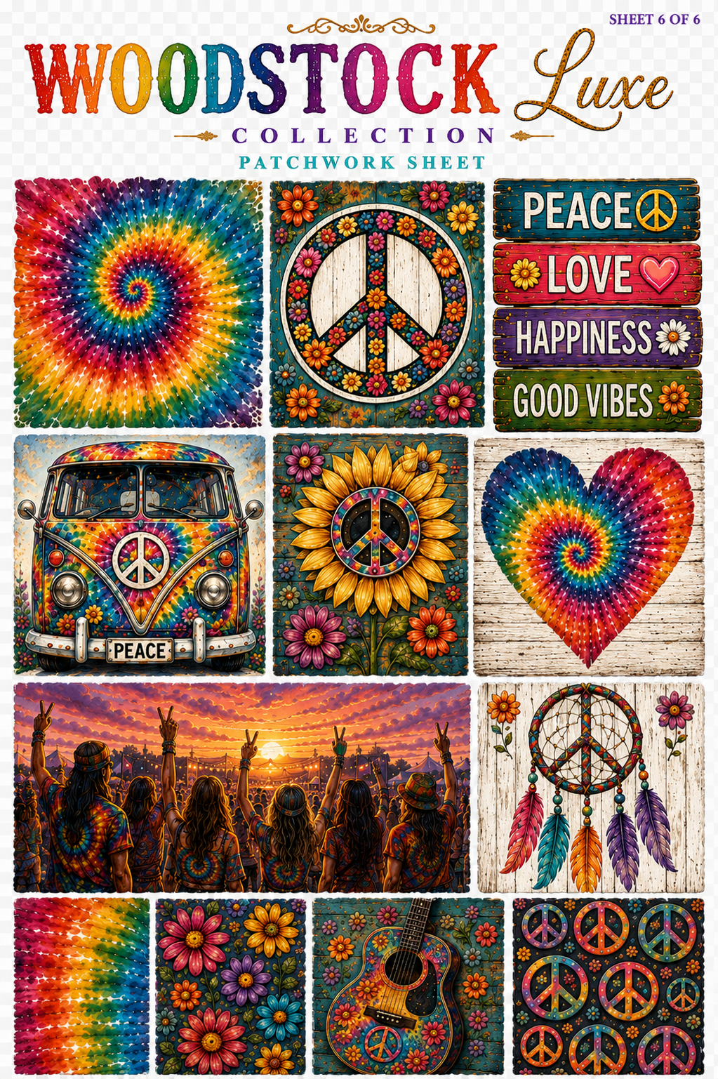 Woodstock Luxe UVDTF Element Sheets | Hippie Peace Love Tie Dye Collection 888