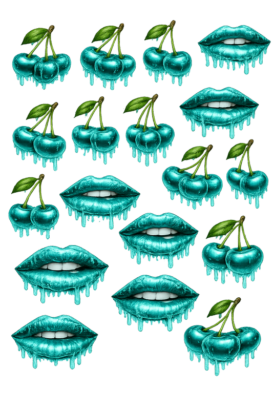 UVDTF 9.5 x 14 Element Sheet Icy Teal Cherries & Lips 857