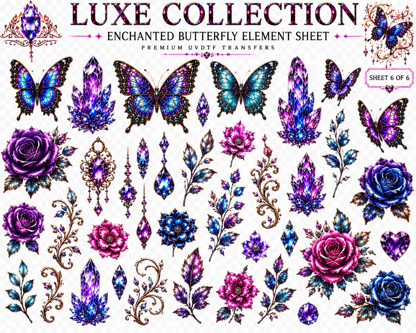 Enchanted Butterfly Luxe UVDTF Element Sheet Collection | 6 Fantasy Butterfly & Crystal Designs