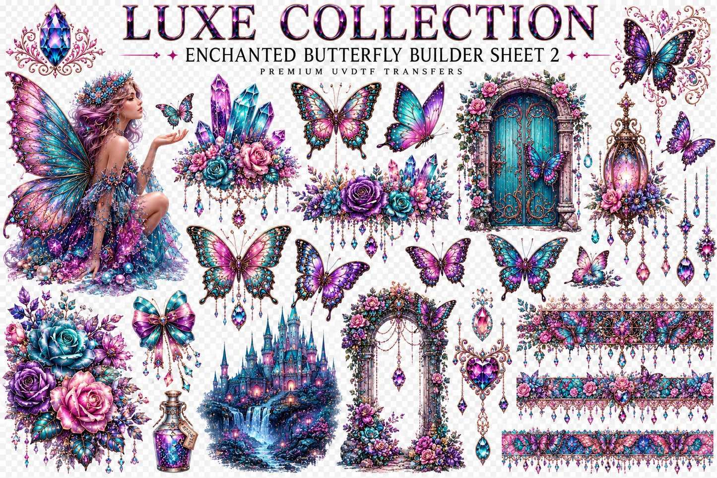 Enchanted Butterfly Luxe UVDTF Element Sheet Collection | 6 Fantasy Butterfly & Crystal Designs